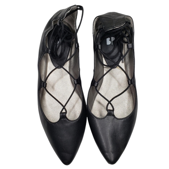 bp | Chic Black Faux Leather Lace Up Ankle Tie Pointed Toe Flats Women's 7.5 - Picture 1 of 10